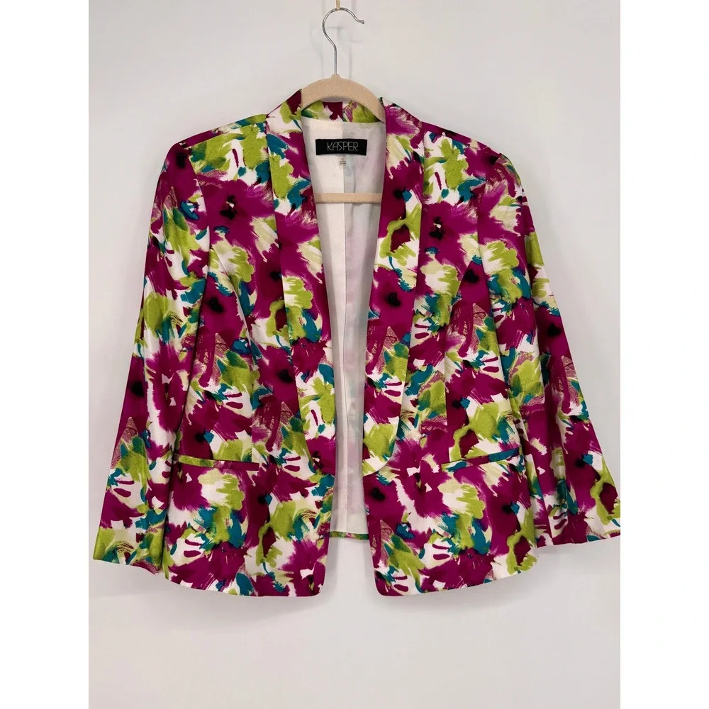 Kasper Floral Blazer Women 12 Magenta Green Excellent Abstract Open Front Jacket - Picture 1 of 14